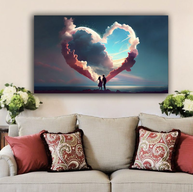 تابلو شاسی با طرح عاشقانه قلبی در آسمان روی دیوار سفید