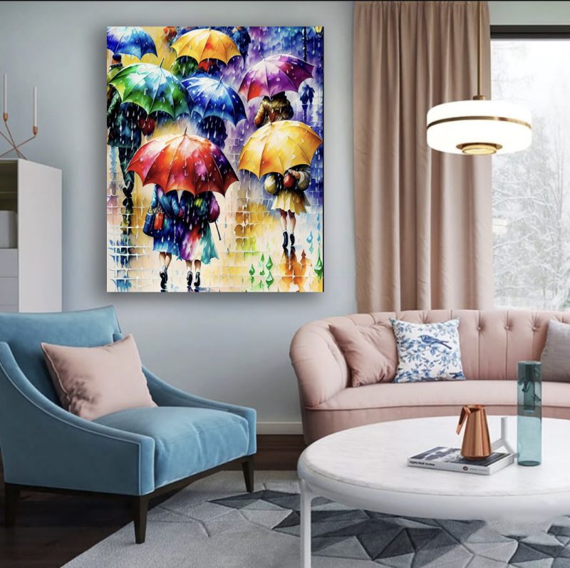 تابلو هفت رنگ طرح چتر و بارون روی دیوار